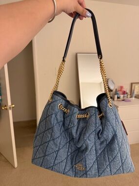 COACH Denim Quilted Shoulder Bag with Gold Chain Strap